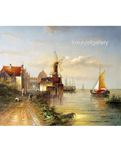 ציור שמן תחנות רוח על שפת הים ושביל ציורי